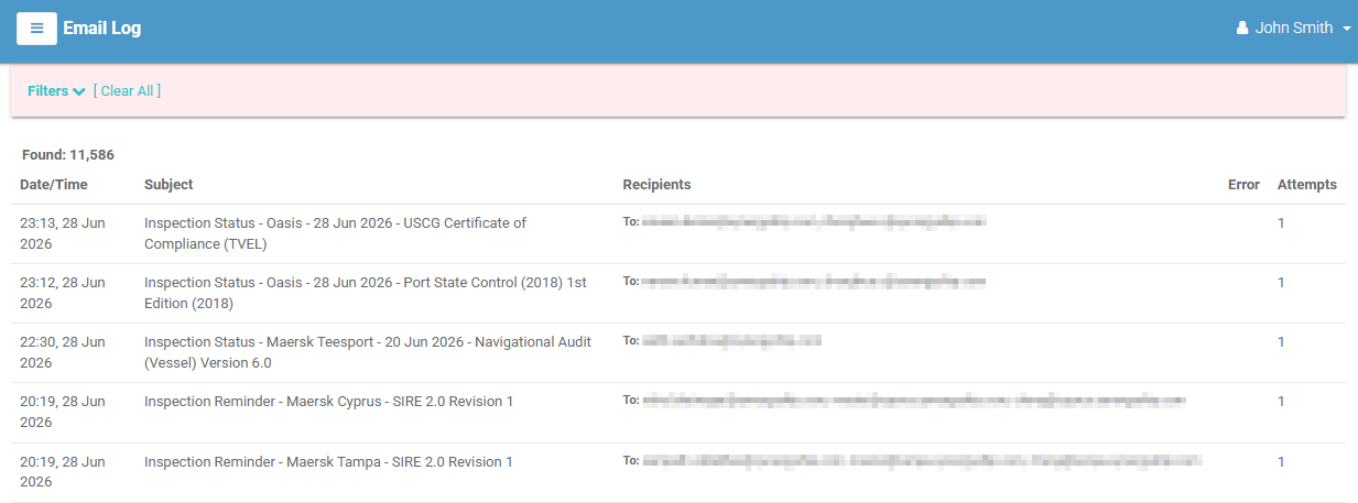 Email Log list
