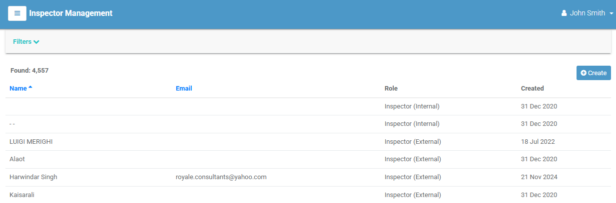 Inspector Management list